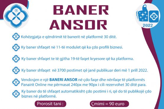 Baner ANSOR DJATHTAS në cdo faqe dhe nenfaqe te platformës Panairi Online.  SEO ne Google, SEO me hiperlink , reklamo biznesin online, Reklam ne website te tjera 